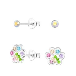 Ohrstecker-Set PFOTE Und KRISTALL In 925 Sterling Silber, 4-tlg.